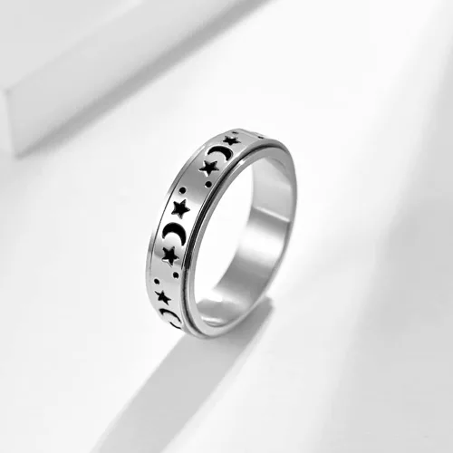 Miniatura 4 de DRUTORE Anillos de acero inoxidable para mujeres y hombres, anillos de ansiedad con flores de luna, estrellas y flores, antiestrés, anillos