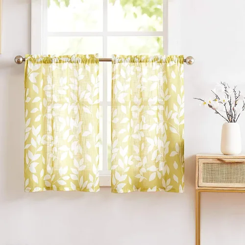 Miniatura 17 de Treatmentex Cortinas azules de cocina de 24 pulgadas con estampado de hojas blancas cortas para ventanas pequeñas, 2 paneles