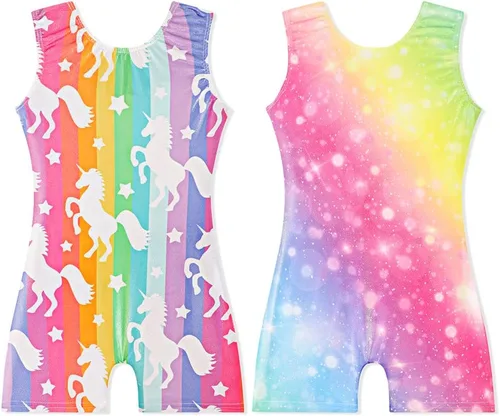 EQSJIU Leotardos de gimnasia con pantalones cortos para niñas, unicornio, arco iris, globo, flor, colores degradados, mallas con pantalón ciclista