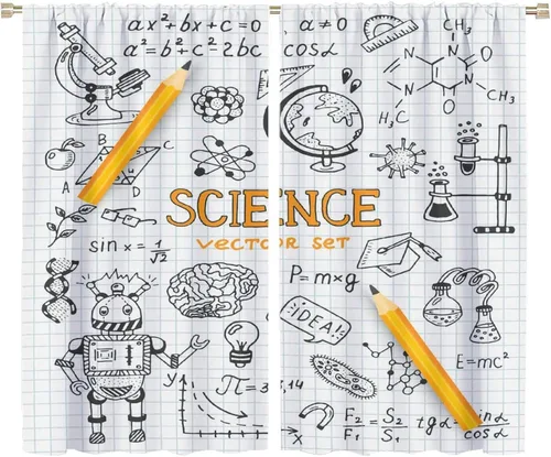 Miniatura 89 de Cortinas opacas para ventanas de ciencia para niños, lupa de libro de laboratorio de ciencia, lupa, frascos moleculares, cortinas impresas
