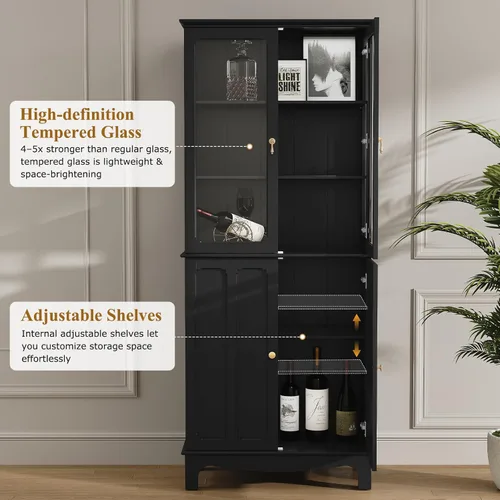 Miniatura 4 de ARTPOWER Aparador de almacenamiento independiente de despensa de cocina de 72 pulgadas, armario alto clásico con puerta de vidrio y estantes Negro