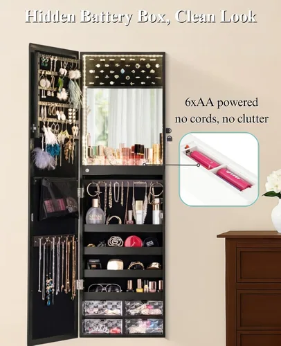 Miniatura 11 de LUXFURNI Espejo con luces LED, armario de joyería montado en la pared o para colgar en la puerta, espejo de longitud completa de 42 pulgadas