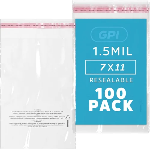 GPI - Paquete de 100 bolsas de polietileno transparentes de 7 x 11 pulgadas, 1.5 mil. - Bolsas de polietileno resellables con tira adhesiva y