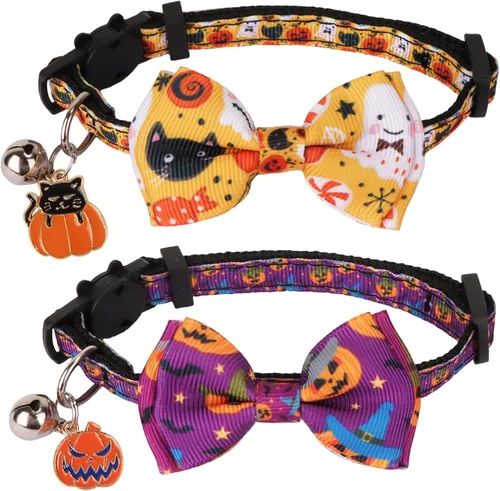 Miniatura 19 de ADOGGYGO Collares de gato de Halloween con campana de lazo, collar de moño para gatito, tela de araña, calavera, collares de Halloween para niñas