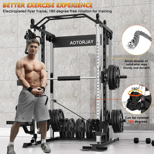 Miniatura 5 de Smith - Estante para sentadillas de entrenamiento de fuerza con barra Smith, jaula de potencia con sistemas de extracción LAT, máquina cruzada
