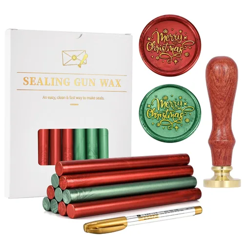 Kit de Sellado de Cera Yoption, Sello de Cera de Navidad Feliz, 10 unidades de varillas de cera de sellado metálicas rojas y verdes con bolígrafo,