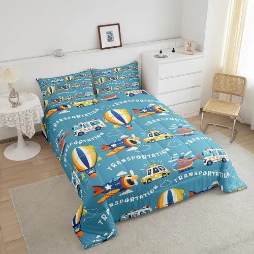 Miniatura 5 de Erosebridal Juego de edredón de coches tamaño individual para niños y niños, juegos de edredón de helicóptero de avión, ropa de cama de globo