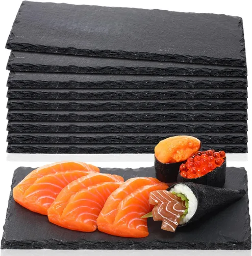 Zopeal 10 Piezas Tableros de Charcutería de Pizarra Negra de 8.7" x 4.7" Platos de Piedra de Charcutería con Borde Natural, Bandeja de Queso de