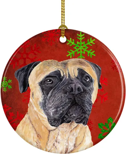 Miniatura 6 de Caroline's Treasures Bulldog English - Copos de nieve rojos y verdes, adorno de cerámica de Navidad, decoración colgante para el hogar, Navidad