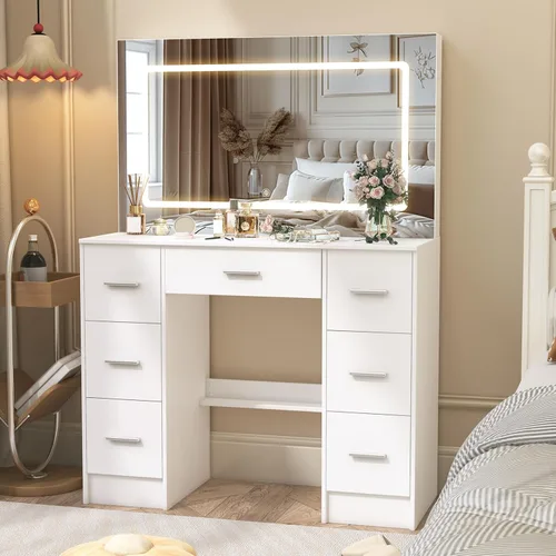 Miniatura 19 de Espejo de tocador con luces, escritorio y silla, 5 cajones y gabinete, mesa de maquillaje con espejo grande HD, 3 modos de iluminación, mesa