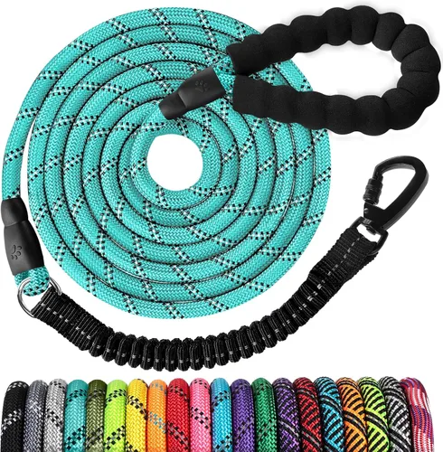 Miniatura 27 de Correa de perro de cuerda de 3 pies: correa resistente con gancho giratorio bloqueable, hilos reflectantes, bungee y asa acolchada - Correa