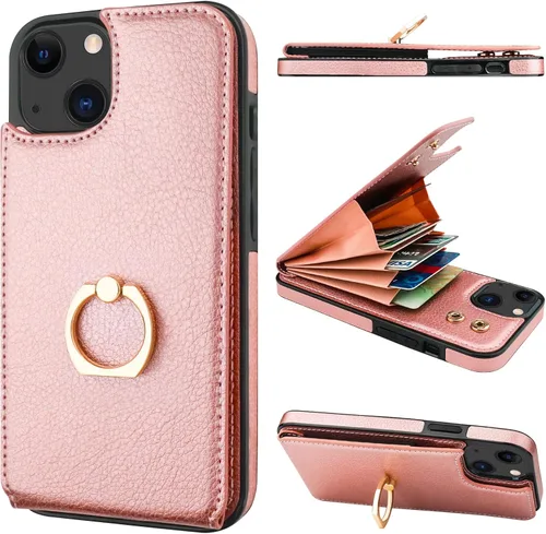 Miniatura 12 de Folosu Compatible con iPhone 13 Funda Cartera con Portarjetas, Soporte de Anillo para Dedo con Rotación de 360° Función de Atril Protectora Bloqueo