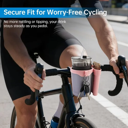Miniatura 4 de Portavasos para bicicleta 3 en 1 con gancho para llaves de teléfono celular, soporte universal para botella de agua para caminante/silla de rosa gris