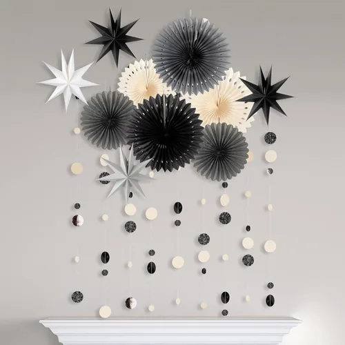 Miniatura 3 de Cheerland Decoraciones de fiesta de estrellas blancas y negras, guirnalda gótica de verano, guirnalda de papel colgante con purpurina para colgar