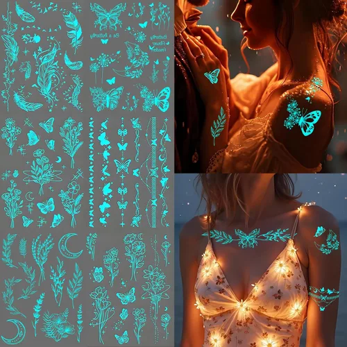 Tatuajes temporales luminosos de mariposa para mujer, 9 hojas de collar falso de encaje sexy que brilla en la oscuridad, alas de tatuaje