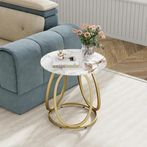 Miniatura 6 de O&K FURNITURE Mesa auxiliar dorada para sala de estar, mesa auxiliar redonda con piedra de mármol, mesita de noche con marco de metal