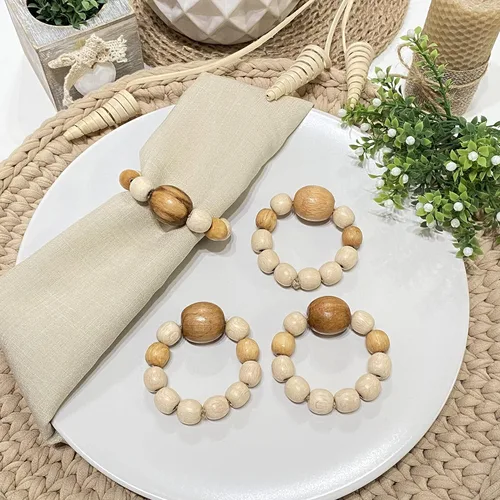 Miniatura 4 de Juego de 6 servilleteros de madera con cuentas de madera Servilleteros de madera rústica para decoración de mesa, hecho a mano, servilleta LEBEJUA
