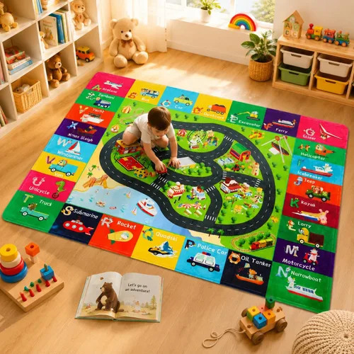 Miniatura 11 de Alfombra de juego para niños, alfombra de tráfico para carretera, 118 x 78.7 pulgadas, para sala de juegos, transporte ABC, alfombra educativa