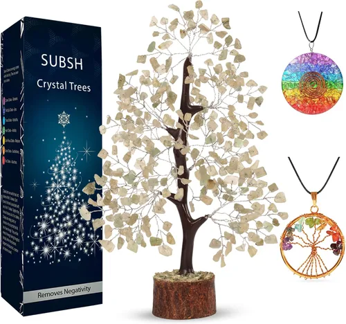 Miniatura 24 de Árbol de la vida de cristal amatista de 10-12 pulgadas con 2 colgantes de chakra – Bonsái de cristal sanador, árbol del dinero para energía