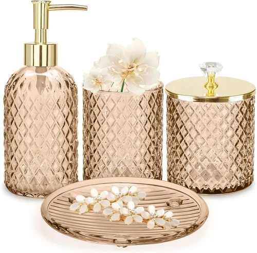 Haturi Juego de accesorios de baño de color marrón ámbar, juego completo de accesorios de baño de vidrio con dispensador de jabón, soporte para