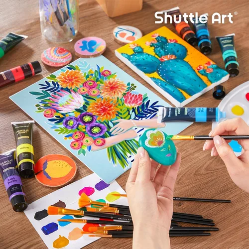 Miniatura 6 de Juego de pintura acrílica de 30 colores Shuttle Art, tubos de 36 ml con 3 pinceles, pintura acrílica de grado artista, para niños, adultos