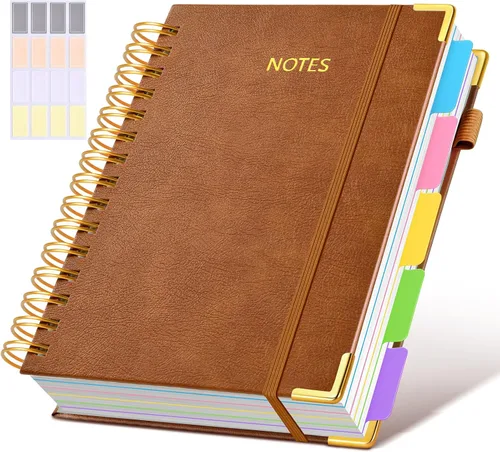 Miniatura 43 de Cuaderno universitario de espiral con tapa dura de cuero de 8 x 10 pulgadas, con pestañas separadoras extraíbles, para 5 materias, a rayas; diario