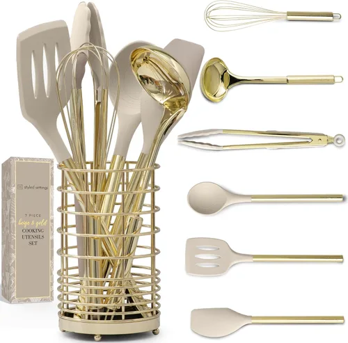 Juego de utensilios de cocina beige y dorado de 7 piezas, herramientas de silicona no tóxica y acero inoxidable para cocinar, servir y hospedar, 7