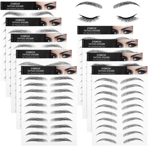 Blulu 9 hojas, 87 pares de tatuajes de cejas impermeables para mujeres, cabello 4D, como tatuajes de cejas, transferencias de larga duración, Negro