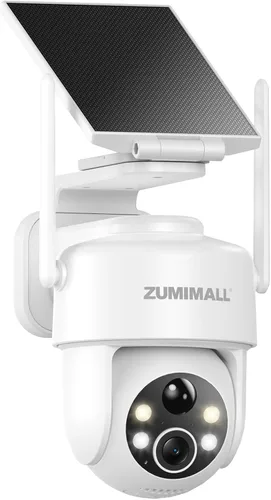 ZUMIMALL Cámaras de seguridad solar 2K inalámbricas para exteriores, cámara PTZ de 360° para seguridad del hogar con visión nocturna a color,