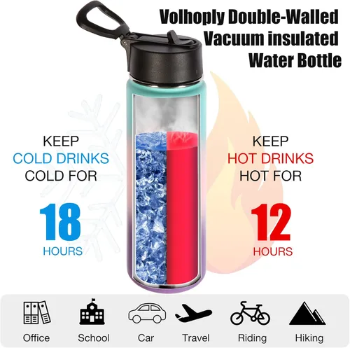 Miniatura 3 de Volhoply Botellas de Agua Aisladas con Pajita a Granel Paquete de 2, Botella Deportiva de 22 oz con Tapa con Asa, Botellas de Agua al Vacío de Doble