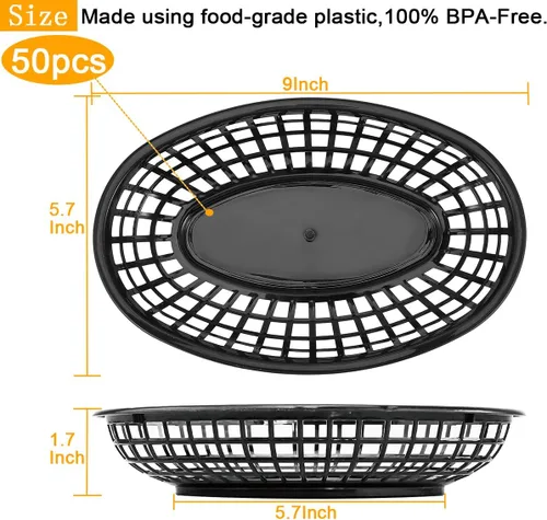 Miniatura 2 de Paquete de 50 cestas de plástico negro para alimentos de 9 x 5.7 pulgadas, ovaladas para freír comida rápida, cestas de plástico para perros