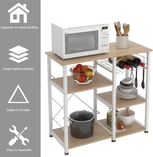 Miniatura 4 de Estante de cocina para horno de microondas de 3 niveles, estante de almacenamiento con ganchos, estación de trabajo multifuncional para cocina, sala