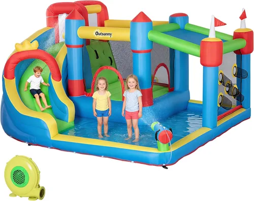 Outsunny Tobogán acuático inflable 6 en 1 con piscina de chapoteo, tobogán, pared de escalada, cañón de agua, casa inflable de la despedida para los