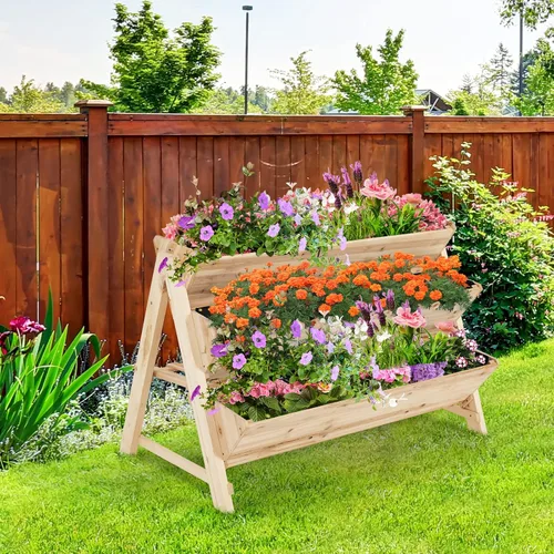 Miniatura 2 de Giantex Cama de jardín elevada, maceta vertical con estante de almacenamiento, maceta elevada de 3 niveles con ganchos laterales, cama de jardín
