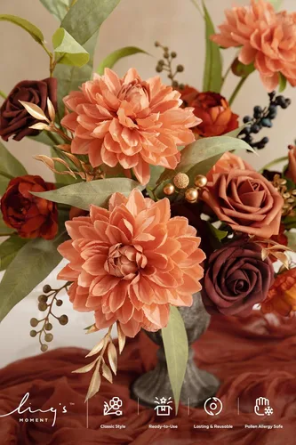 Miniatura 9 de Ling's Moment - Flores artificiales de seda falsas, dalias, rosas de espuma falsas, combo para ramos de boda, centros de mesa, arreglos de O ámbar