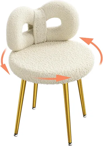 ROOMTEC Silla de tocador con respaldo, silla giratoria para maquillaje con patas tapizadas y de metal dorado para dormitorio y sala de estar, color