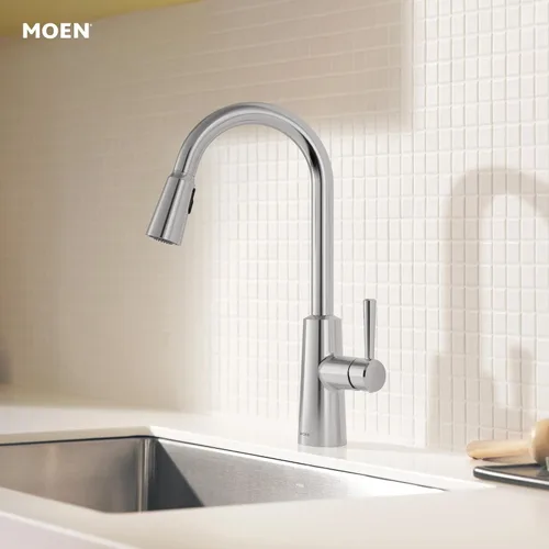Miniatura 8 de Moen Riley - Grifo de cocina cromado de una sola manija con sistema de extracción que incluye Power Boost para una limpieza más rápida y sistema