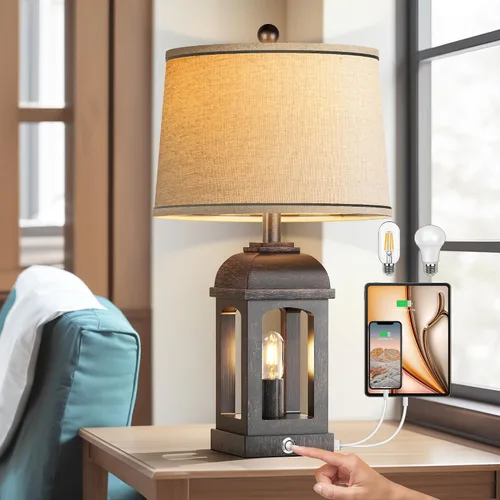 Miniatura 9 de QiMH Lámpara de mesa para sala de estar, lámparas de granja con USB A+C y luz nocturna, lámparas de noche rústicas de 26" con control táctil