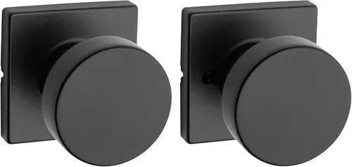 Kwikset Pismo - Pomo de puerta de paso interior, manija para puertas de armario y pasillo, pomo de puerta sin bloqueo en negro mate, con protección