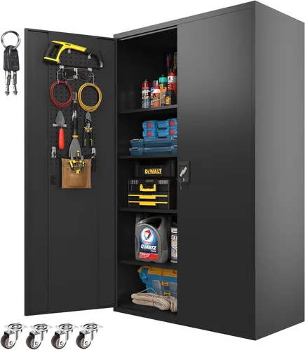 Miniatura 8 de Gabinete de almacenamiento de metal ancho mejorado, gabinete de garaje con cerradura de 72 pulgadas con ruedas y 4 estantes ajustables, gabinete