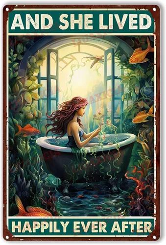 Miniatura 20 de LIUAXICIA Letrero de lata retro con diseño de sirena y ella vivió feliz para siempre, para decoración del hogar, 8 x 12 pulgadas, pintura de lata