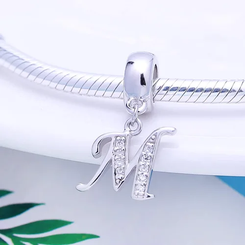 Miniatura 2 de ABUN Abalorio de plata de ley 925 con letra A a la Z espaciador de inicial con circonita cúbica transparete colgante auténtica para pulseras