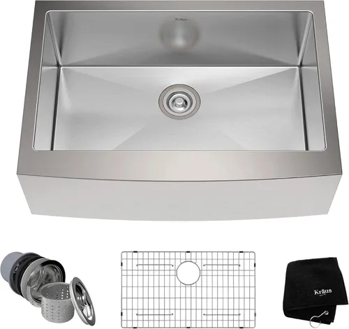 Kraus Standart Pro - Fregadero de cocina de 30 pulgadas con delantal de estilo granja, calibre 16, de un solo tazón, de acero inoxidable, KHF200-30