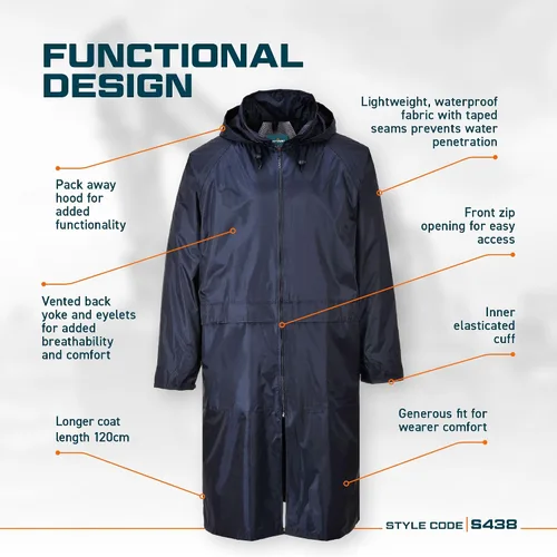 Miniatura 3 de Portwest S438 - Chubasquero largo para hombre, ligero, impermeable, clásico