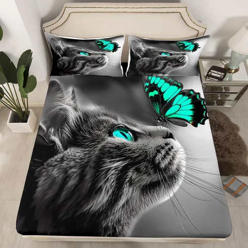 Linda sábana bajera ajustable de gato tamaño individual, juegos de ropa de cama de mariposa azul y verde para niños, sábanas estéticas de gatos