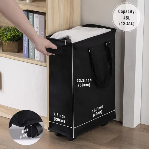 Miniatura 2 de Cesta de Lavandería Rodante Delgada, Cesto de Ropa Delgado con Ruedas y Asas Largas Ajustables, 45L Cestas Pequeñas de Lavandería con Parte Superior