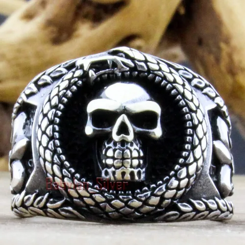 Miniatura 3 de Anillo de plata de ley 925 maciza estilo retro gótico con calavera de motociclista turca para hombre