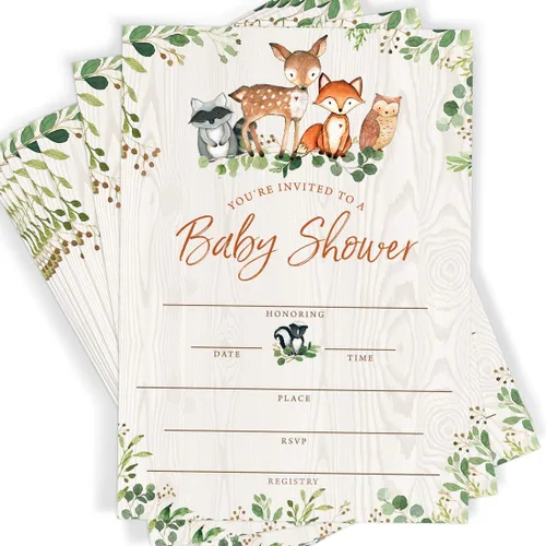 Printed Party Invitaciones y sobres para baby shower, animales del bosque, juego de 25