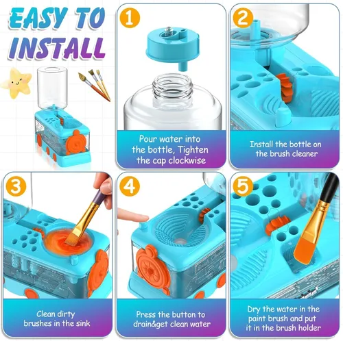 Miniatura 4 de Kit de limpieza de pinceles para niños con 5 pinceles, bata de arte, tapete lavable, guía, tarro limpiador de pinceles en espiral para acuarela
