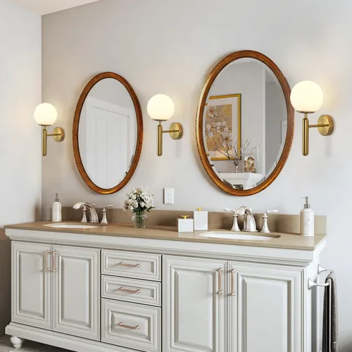 Miniatura 9 de KCO Lighting - Juego de dos apliques de pared de latón con forma de globo de vidrio de leche, aplique de pared dorado cepillado, modernos accesorios